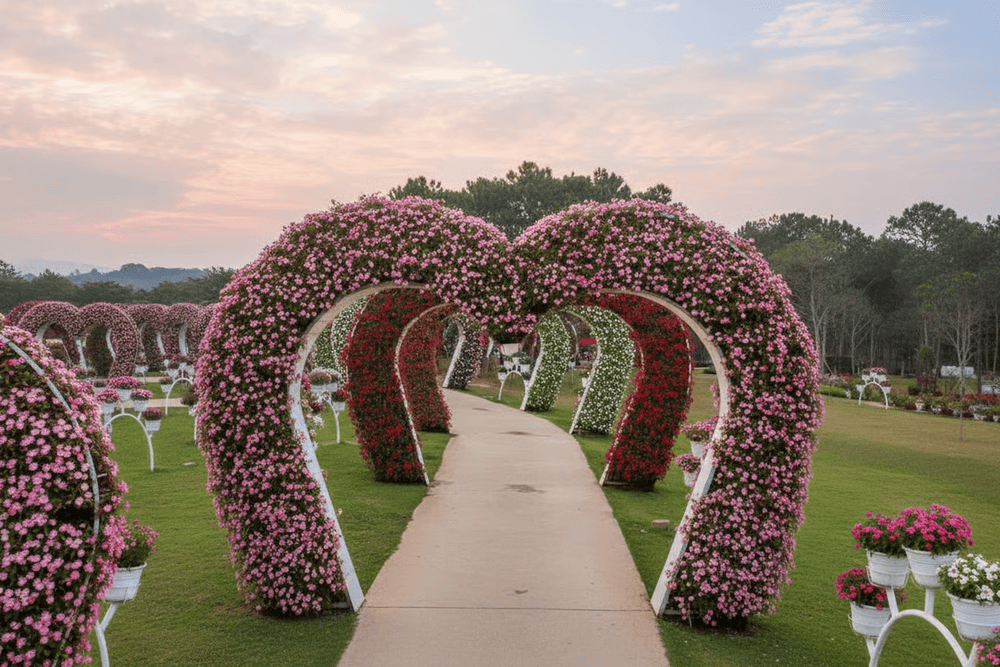 Vườn hoa trái tim tạo nên khung nền ngọt ngào, được nhiều du khách yêu thích khi ghé thăm